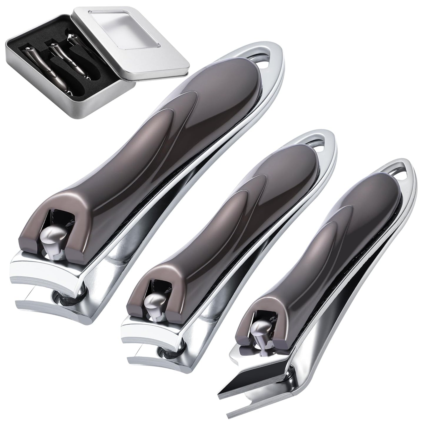 3Pcs Nail Clippers, Heavy Duty Nail Clippers Toenail Clippers with Box Stainless Steel Ultra Sharp Nail Cutter for Thick Fingernail Toenail Men and Women Grey