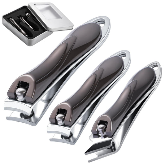 3Pcs Nail Clippers, Heavy Duty Nail Clippers Toenail Clippers with Box Stainless Steel Ultra Sharp Nail Cutter for Thick Fingernail Toenail Men and Women Grey