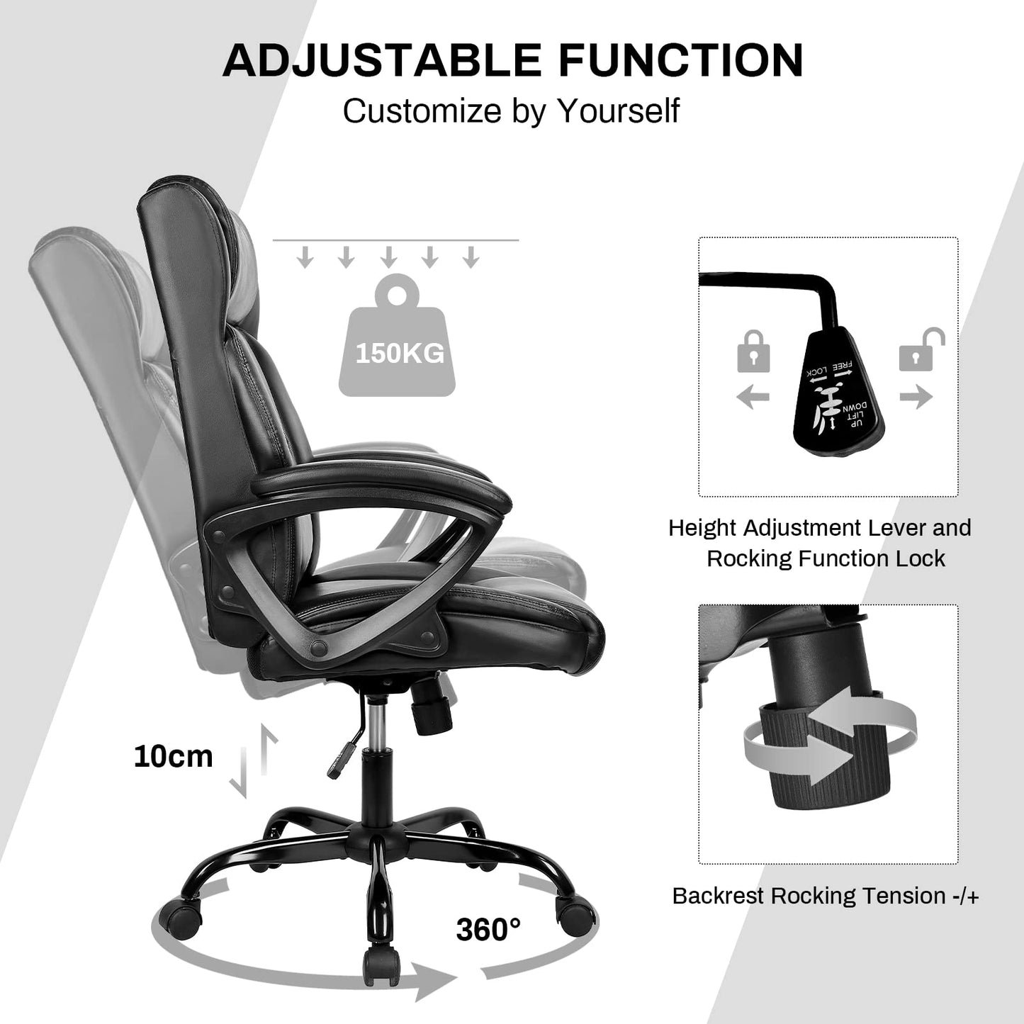 BASETBL Executive Office Chair, High Back Ergonomic Chairs with Padded Cushion, Heavy Duty PU Leather Chairs with Height Adjustable and Soft Armrest Reinforced Comfortable Desk Chair-Black New