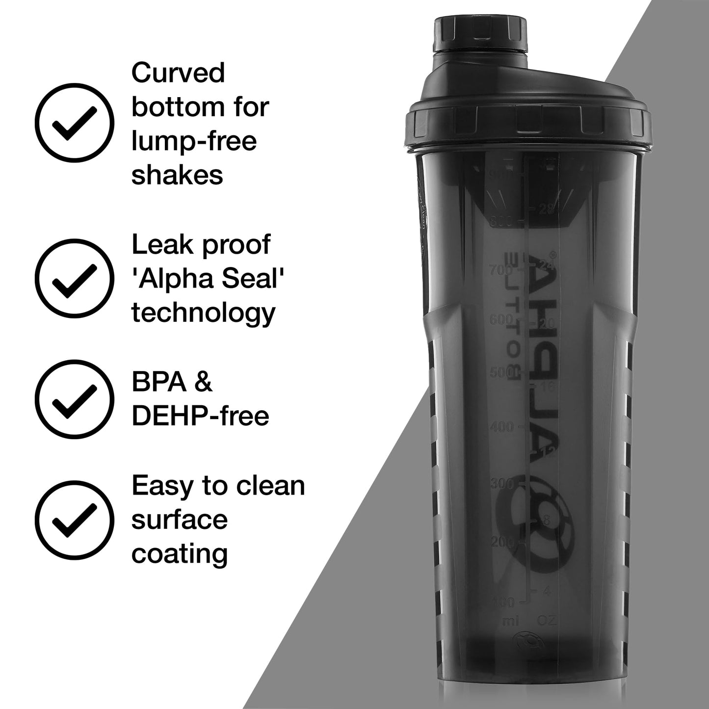 Alpha Designs | Protein Shaker Bottle | 750ml Gym Cup | for Protein Powder Shakes & Sports Supplements | Pre Workout Mixer | BPA Free | 0.75L | Smoke