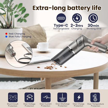Car Vacuum Mini Vacuum Handheld Vacuum Cordless,120W Car Vacuum Cleaner High Power 90° Rotatable Handle Rechargeable Hand Vacuum Cordless Dry Wireless Portable Handheld Car Vacuum for Home/Car/Office