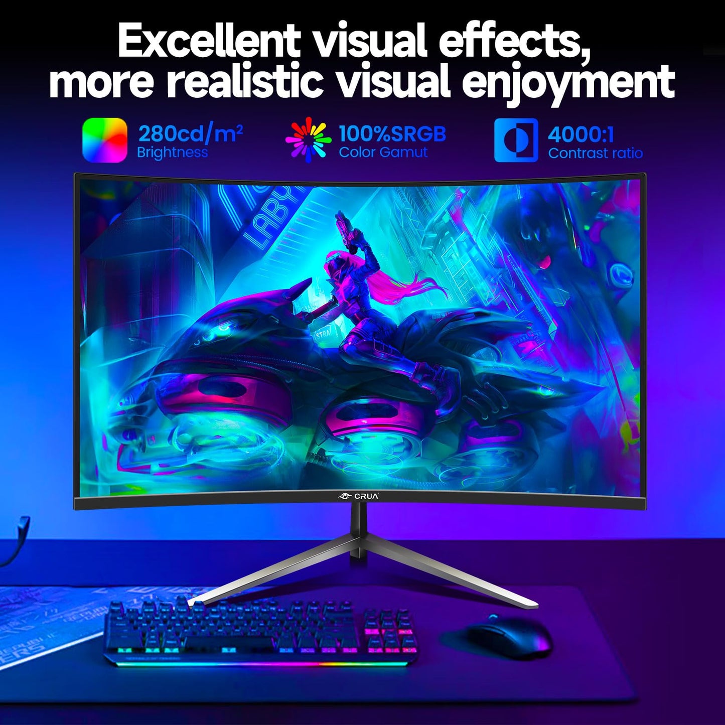 CRUA Gaming Monitor 32 Inch 240Hz, Curved PC Monitor Full HD 1080P 1500R Frameless Computer Monitor with FreeSync and Eye Care Technology, Supports VESA