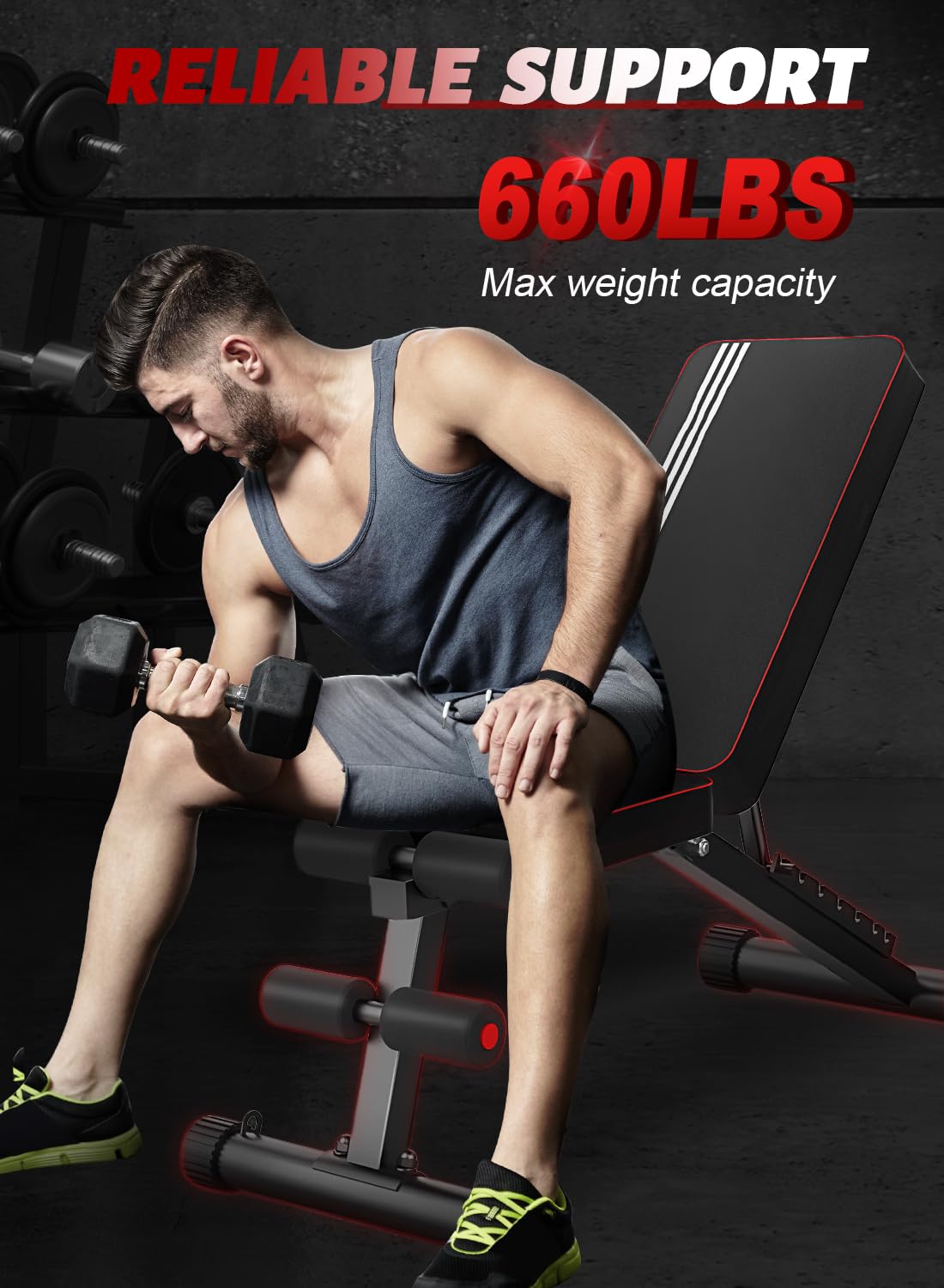 Adjustable Weight Bench, Utility Foldable Weights Bench for Full Body Workout, 7 Backrest Adjustment Multifunctional Incline/Decline Bench Press for Home Gym, Weight Capacity 660LBS