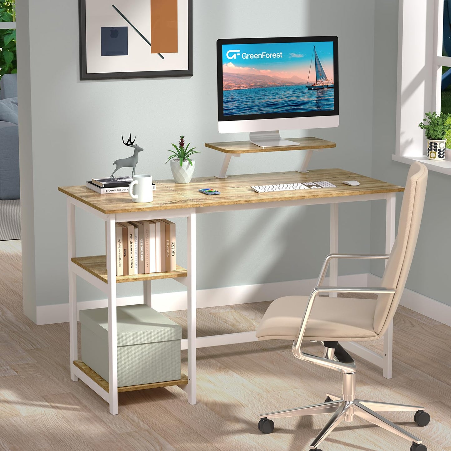 - GreenForest Computer Desk With Monitor Stand | 100cm Home Office Desk -