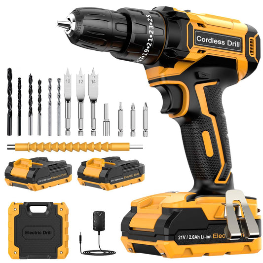 Cordless Drill Driver 21V, Cordless Hammer Drill with 2 Batteries 2000mAh, 25+3 Torque, 42N.m Max Electric Drill, 14PCS Drill Bits, 2 Speed, LED Light for Home and Garden DIY Project