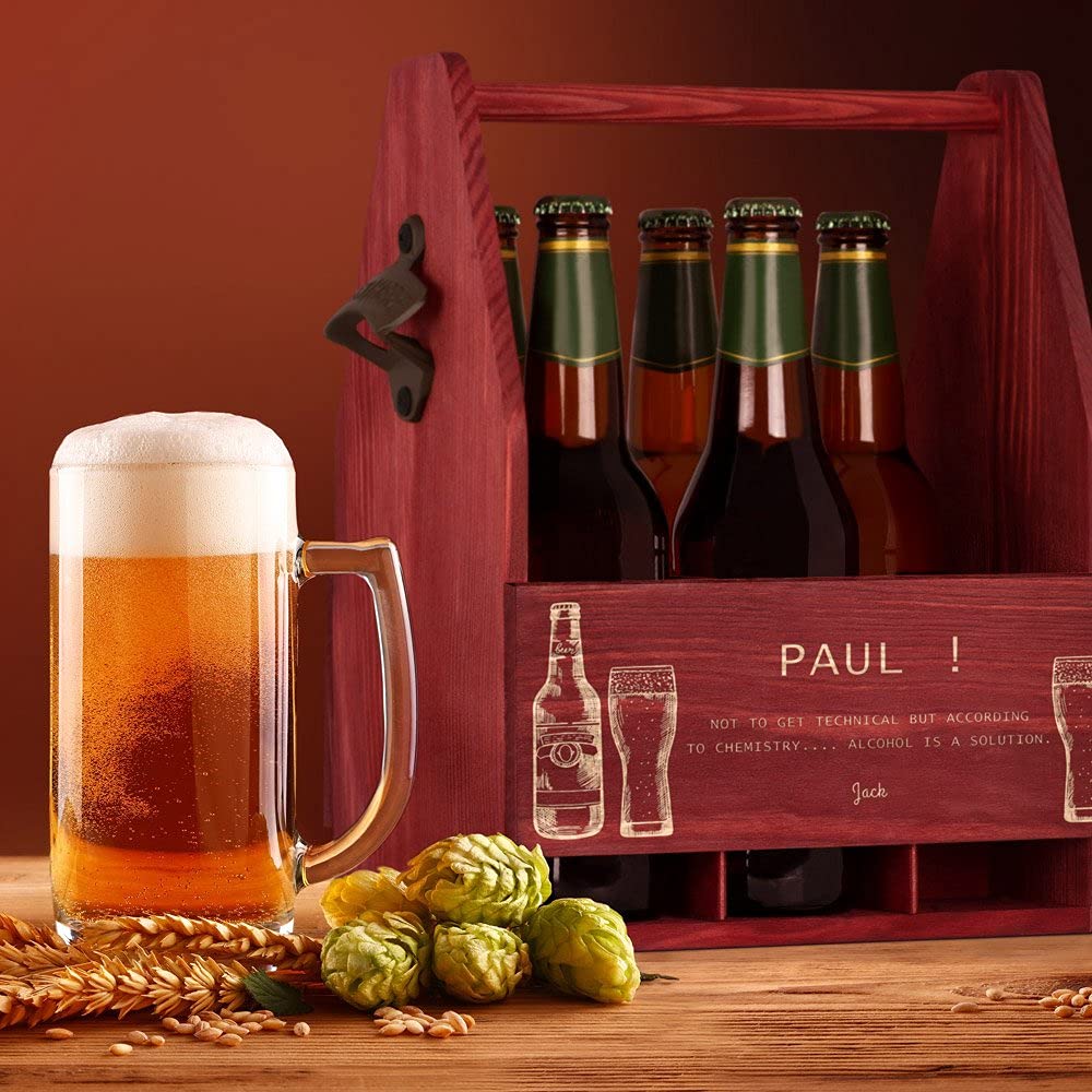 - Maverton Wooden Beer Crate with Handle | Engraved 6-Pack Bottle Carrier -