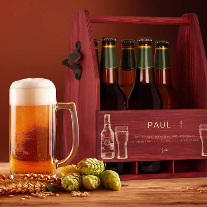 - Maverton Wooden Beer Crate with Handle | Engraved 6-Pack Bottle Carrier -