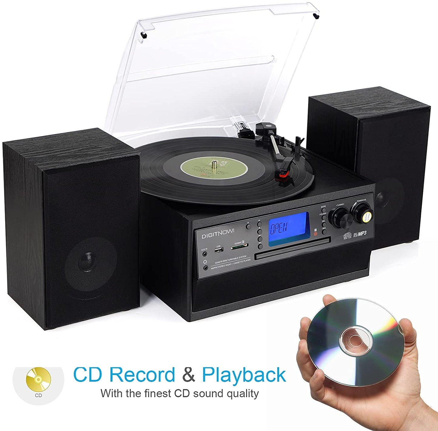 - DIGITNOW! Bluetooth Viny Record Player | Turntable for CD | Cassette | AM/FM Radio and Aux in | USB port and SD Encoding | Remote Control -