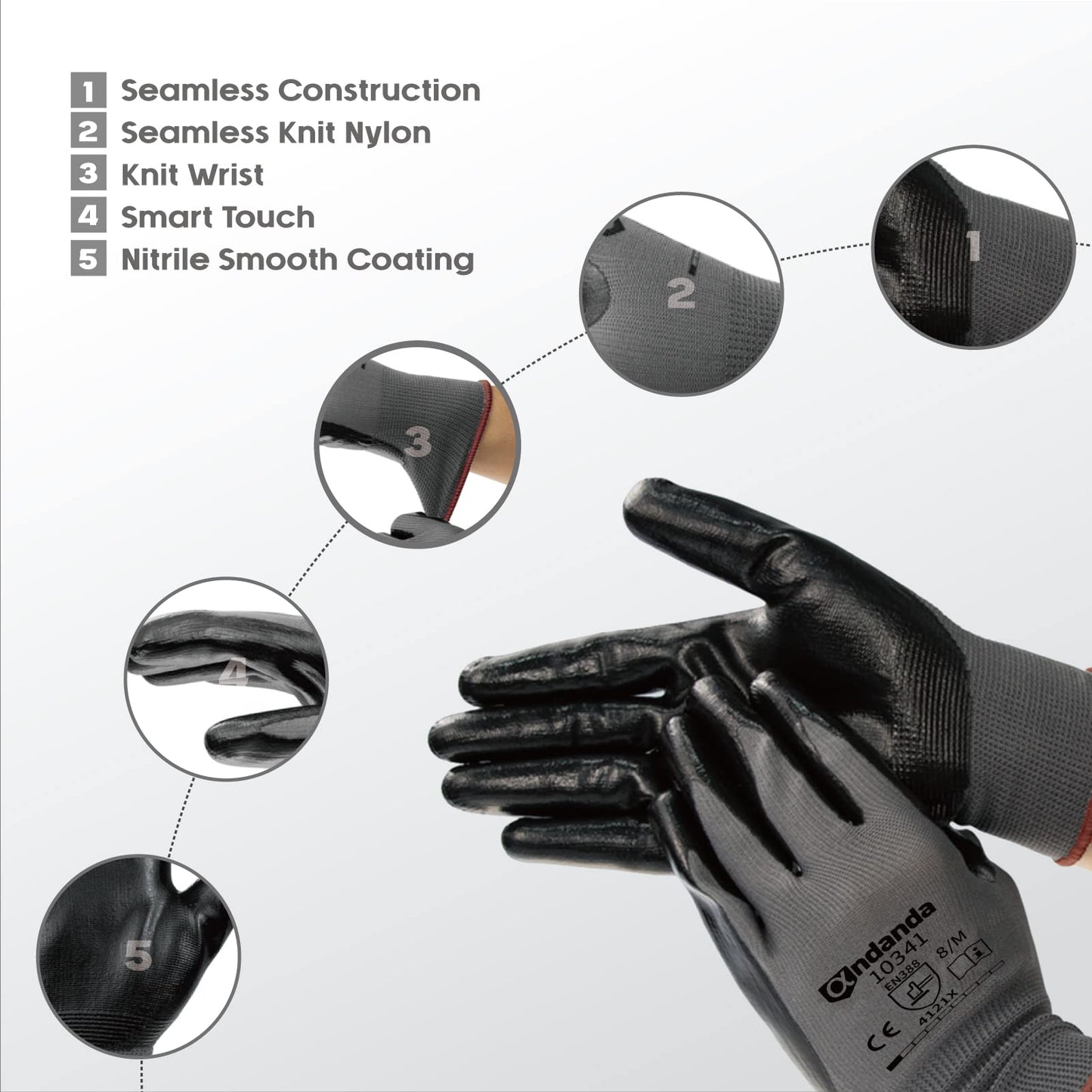 ANDANDA 6 Pairs Work Gloves, Nitrile Coated Safety Work Gloves, Gardening Gloves Suitable for General Duty Work like Logistics/Assembly/Utilities & Public Works, Black/X-Large