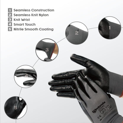 ANDANDA 6 Pairs Work Gloves, Nitrile Coated Safety Work Gloves, Gardening Gloves Suitable for General Duty Work like Logistics/Assembly/Utilities & Public Works, Black/X-Large