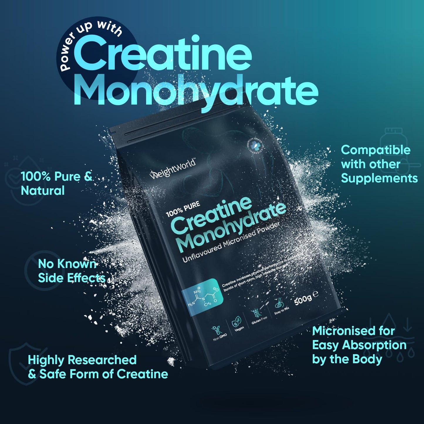 Creatine Monohydrate Powder 500g - Micronised, Unflavoured & Vegan - Pure Creatine Powder for Performance & Muscle Strength - Creatine Nutritional Supplements for Post & Pre Workout - 165 Servings