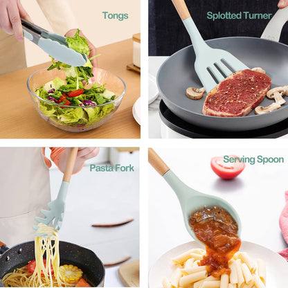- FIOUSY Kitchen Utensil Set | 12 PCS Silicone Cooking Utensils Set | With Wooden Handle -