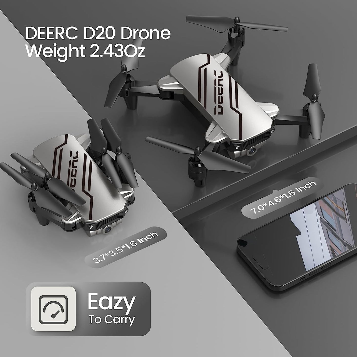 DEERC D20 Mini Drone for Kids with 720P HD FPV Camera, Foldable RC Quadcopter for Boys Girls with Altitude Hold, Headless Mode, One Key Start, Tap Fly, Speed Adjustment, 3D Flips, 2 Modular Batteries