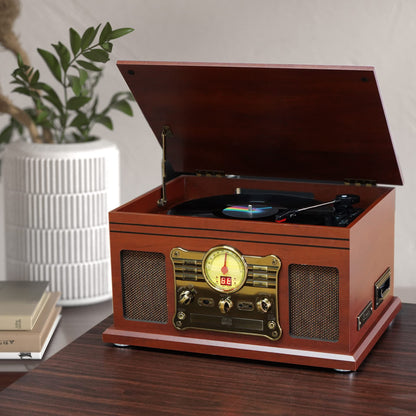 - 10-in-1 Bluetooth Record Player Multifunctional 3-Speed Turntable for Vinyl Record with Stereo Speaker,LP Vinyl to MP3 Converter with CD, Cassette Player,FM Radio,Wireless Music Streaming | Mahogany