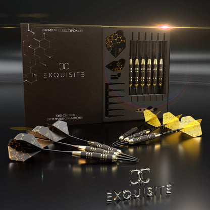 CC-Exquisite Professional Steel Tip Darts Set - 6 x 22g Brass Barrels with 12 Flights Standard/Slim, 12 Aluminum Shafts 35/48mm, 12 O-Rings, Dart Tool, Dart Sharpener and Case…