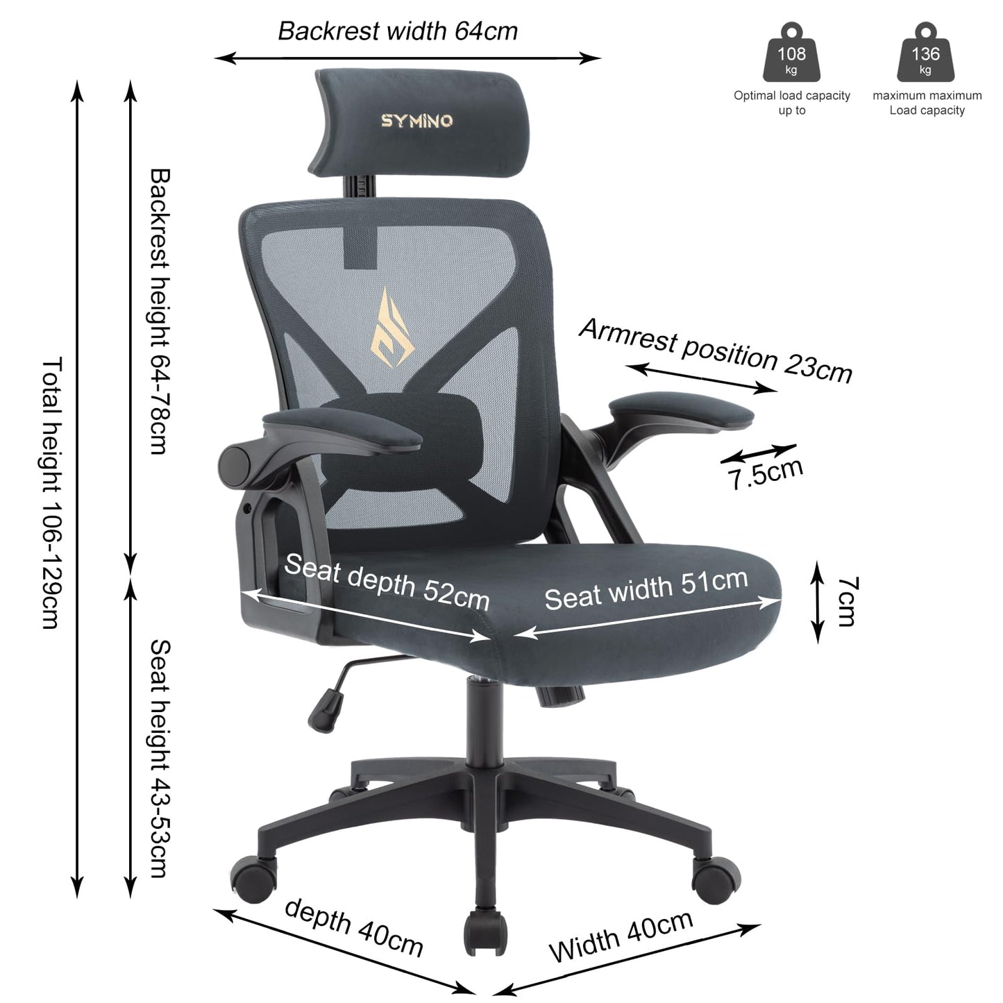 - Symino Office Chair | Ergonomic Office Chair | Lumbar Support | Desk Chair | 150 kg | Grey -