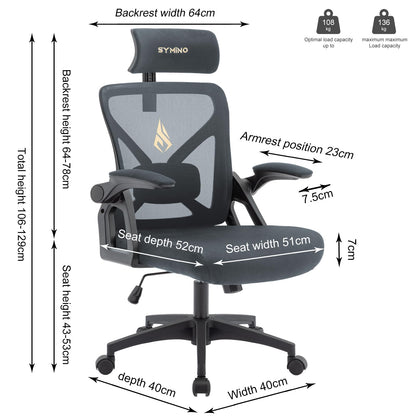- Symino Office Chair | Ergonomic Office Chair | Lumbar Support | Desk Chair | 150 kg | Grey -