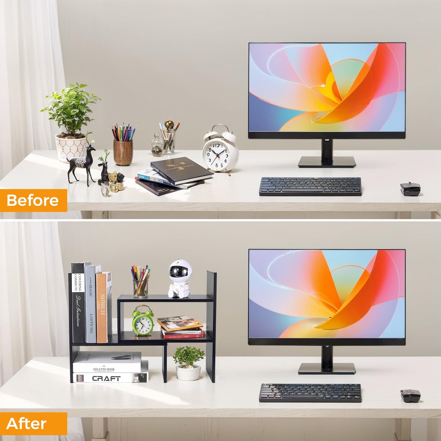 - Esilihom Desktop Organizer Office Storage Rack | Adjustable Bookshelf Display Shelf -