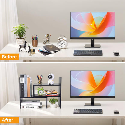- Esilihom Desktop Organizer Office Storage Rack | Adjustable Bookshelf Display Shelf -