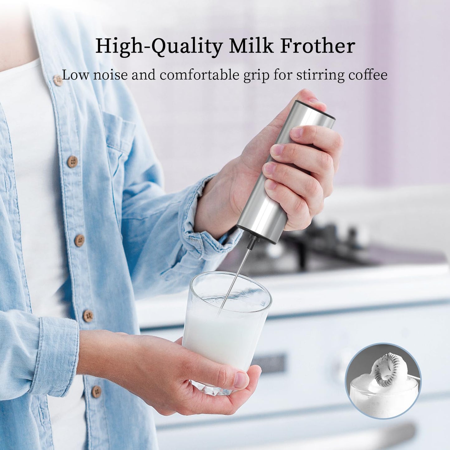 - ELMWAY Electric Milk Frother Handheld | Stainless Steel Whisk -