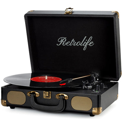 - Retrolife Vinyl Record Player | 3-Speed | Bluetooth | Suitcase Portable Belt-Driven Record Player with Built-in Speakers -