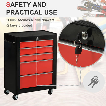 - HOMCOM 5-Drawer Lockable Steel Tool Storage Cabinet | Wheels | Handle 2 Keys | Organisation Box -