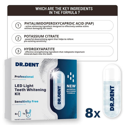 - DRDENT Professional LED Teeth Whitening Kit | Sensitivity Free Formula | 8 Teeth Whitening Gel Pods 33.6ml -