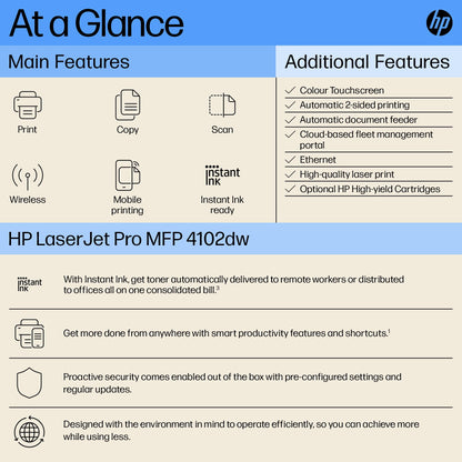 - HP Laserjet Pro MFP 4102dw Laser Printer | Black and White | Printer for Small Medium Business | Print, Copy, Scan, ADF | 2-Sided Printing | Dual-Band Wi-Fi, Ethernet | Instant Ink for Toner Available -