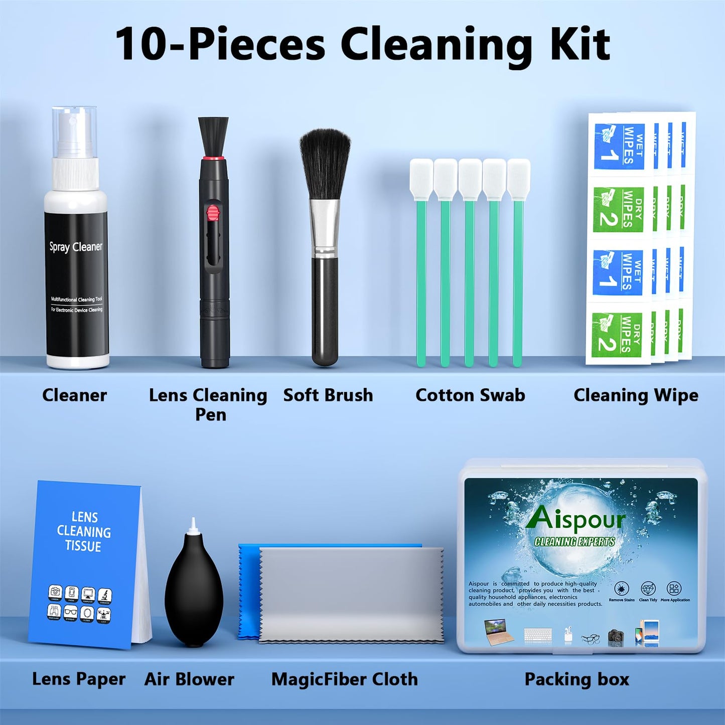 Aispour Updated Camera and Photo Professional Cleaning Kit，10-in-1 Camera Cleaning Kit Included Sensor Cleaning Brush and Camera Lens Cleaning Solution, VR Cleaning kit
