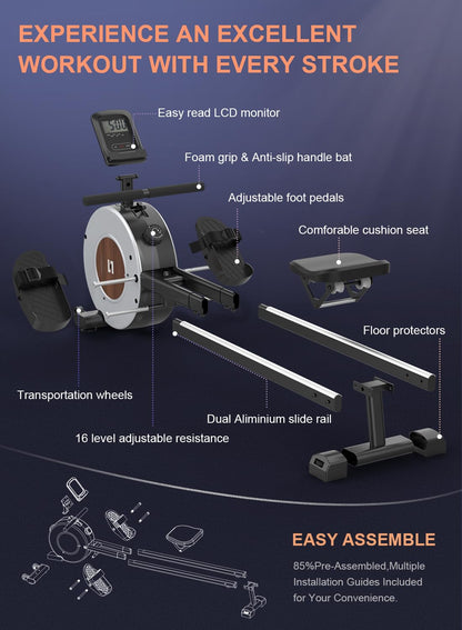 - Rowing Machine for Home Gym, Magnetic rowing machine with 16 Level Magnetic Adjustable Resistance | Quiet Rower -