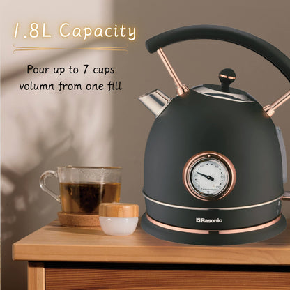 - Rasonic Classic Retro Electric Kettle | 1.8L | Stainless Steel | 3KW Fast Quiet Boiling | Matt Finish Black and Rose Gold -