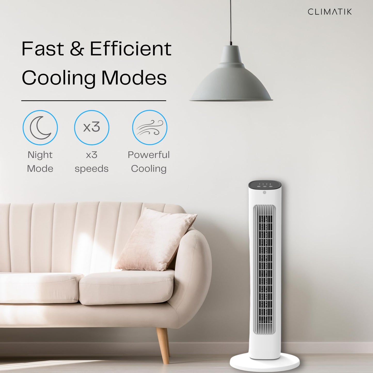 Climatik 32-Inch Tower Fan Quiet Cooling Oscillating Standing Fan with Remote Control, 3 Speed Settings & Night Mode, 15 Hour Timer Energy Efficient Ideal for Home, Office, Bedroom, Living Room