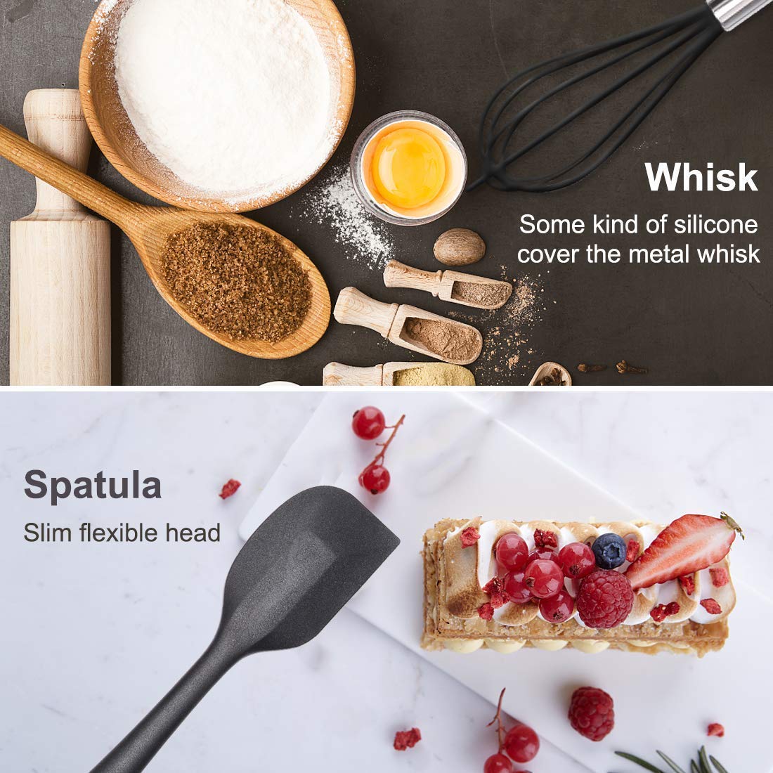 - 10-Piece Silicone Kitchen Utensil Set - Non-Stick, Heat Resistant Cooking Utensils Set of Spatula, Turner, Spoons, Tong, Oil Brush and Whisk (Black)