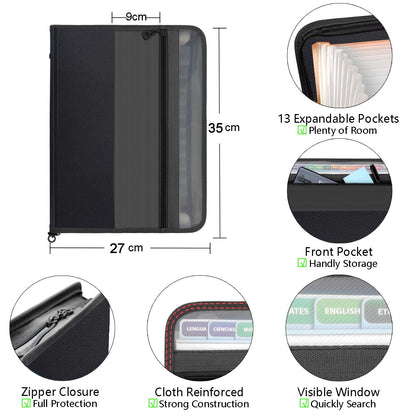 - TRANBO 13 Pockets Expanding File Folder | Zipper Closure | A4 Plastic Document Wallet -