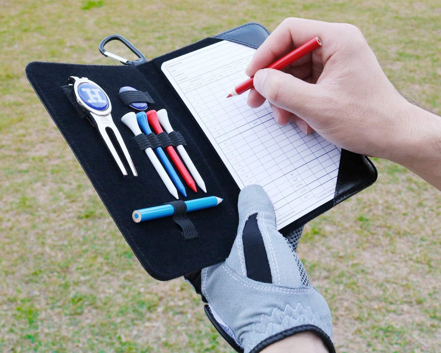 - Handy Picks Golf Scorecard Holder n Yardage Book Cover | Divot Repair Tool | Ball Marker | Golf Tees | Scorer | Pencil n Scorecards Included -