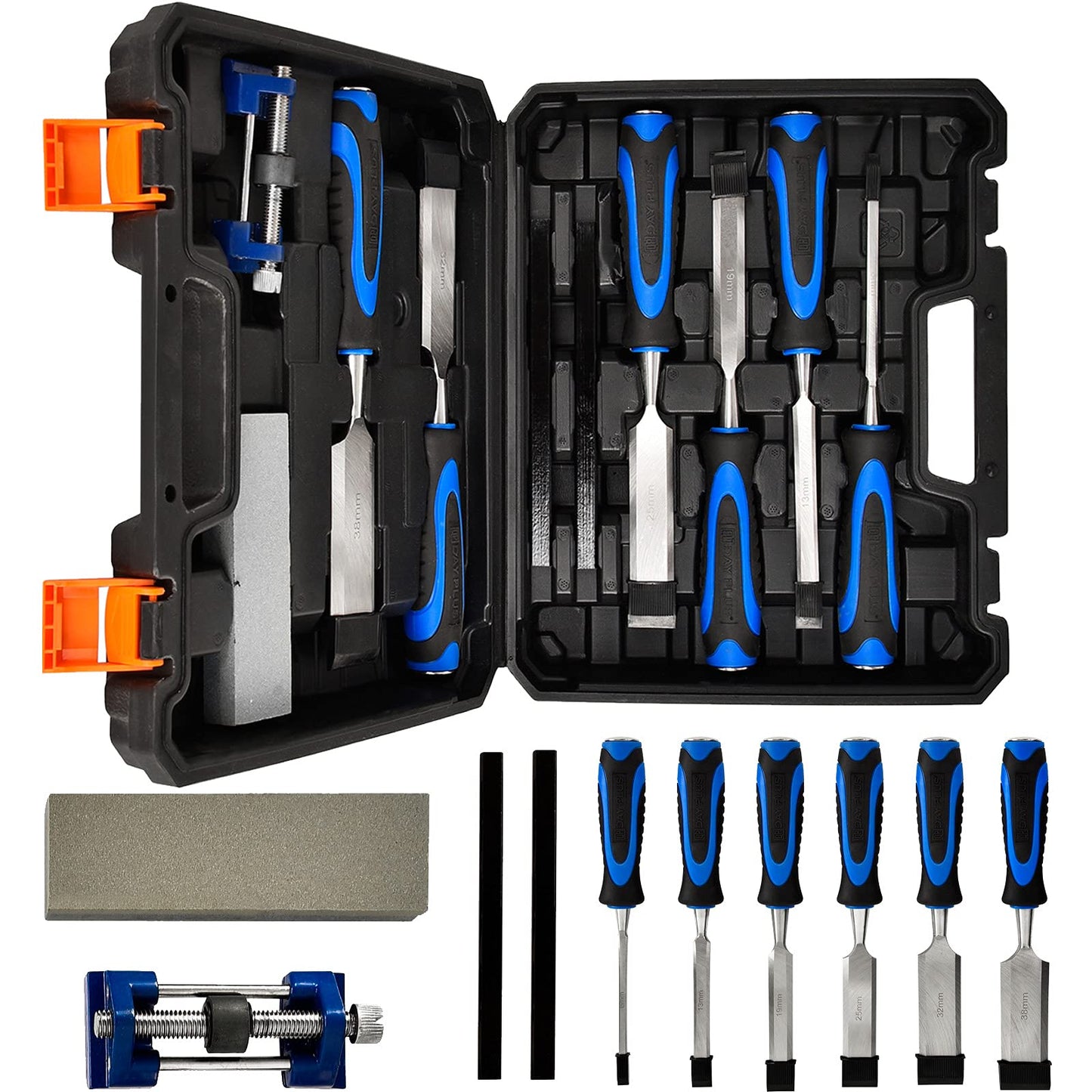 - 10-Piece Wood Chisel Set, Bevel Edge Wood Carving Chisel, Soft Grip with Strike Cap Set for Woodworking, Cr-V Construction Heavy Duty Chisel with Honing Guide, Sharpening Stone, Pencil & Storage Case