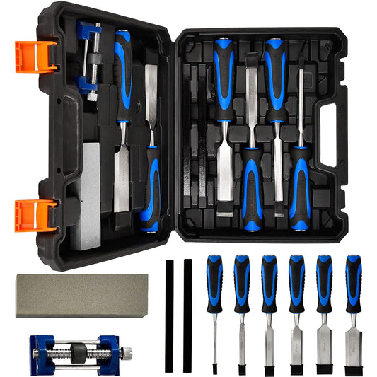 - 10-Piece Wood Chisel Set, Bevel Edge Wood Carving Chisel, Soft Grip with Strike Cap Set for Woodworking, Cr-V Construction Heavy Duty Chisel with Honing Guide, Sharpening Stone, Pencil & Storage Case