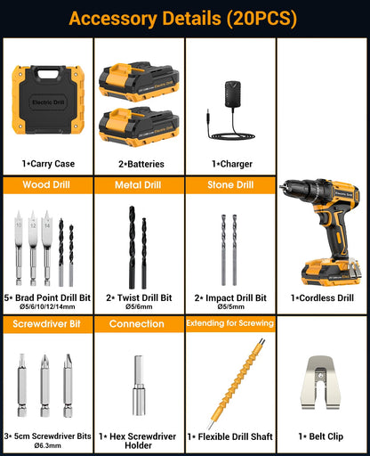 Cordless Drill Driver 21V, Cordless Hammer Drill with 2 Batteries 2000mAh, 25+3 Torque, 42N.m Max Electric Drill, 14PCS Drill Bits, 2 Speed, LED Light for Home and Garden DIY Project