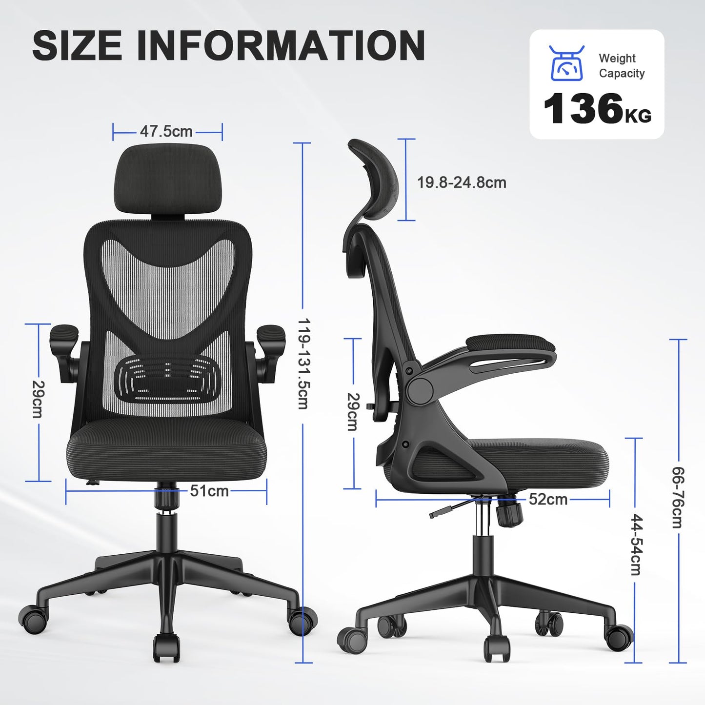BareTay Office Chair Ergonomic Desk Chair with Lumbar Support Headrest Adjustable, Padded Flip-up Armrests Comfy Seat Cushion Mesh Office Desk Chair High Back Task Chair Swivel Computer Chair