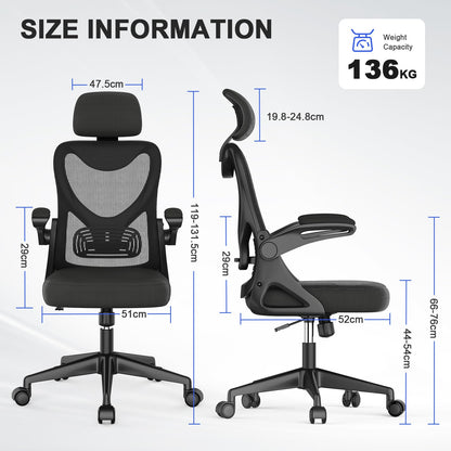 BareTay Office Chair Ergonomic Desk Chair with Lumbar Support Headrest Adjustable, Padded Flip-up Armrests Comfy Seat Cushion Mesh Office Desk Chair High Back Task Chair Swivel Computer Chair