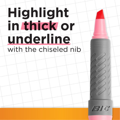 BiC Highlighter Grip, Highlighter Pens with Chisel Tip, Long-lasting, Ideal for School and Office, Assorted Colours, 5 count (Pack of 1)
