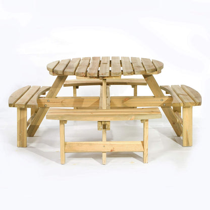 BrackenStyle Wooden Round Table with Bench and Parasol Hole - 1 Piece Furniture Outdoor Dining for Picnic, Garden, Patio, 8 People Seater with 1.8M Diameter (Green Pine)