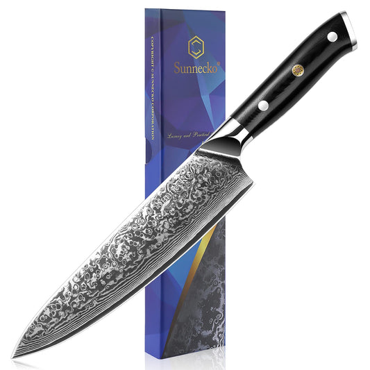 - Sunnecko Chef Knife 8 inch | Kitchen Knife with 73-Layer | VG10 Damascus Steel Sharp -
