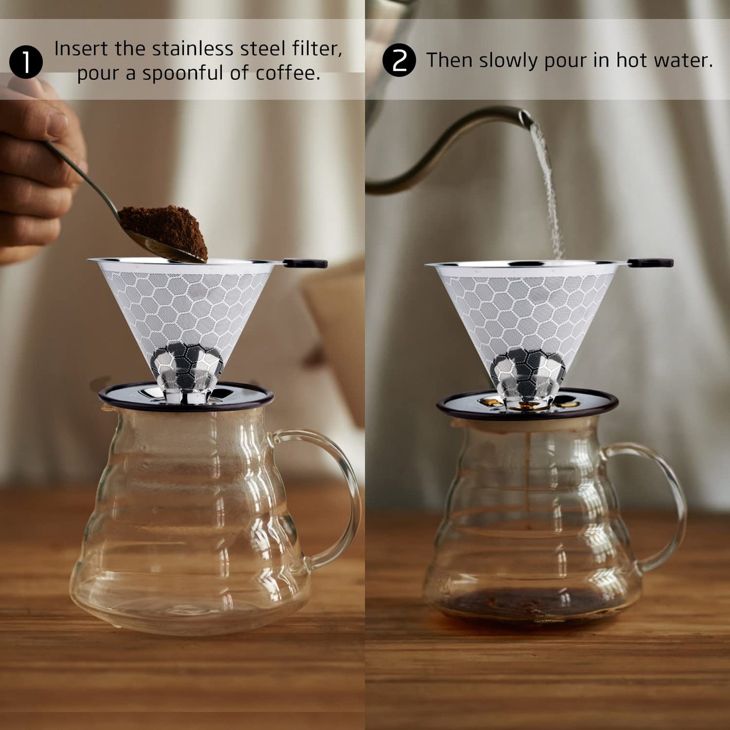 - FOXAS Pour Over Coffee Filter | Stainless Steel Reusable Coffee Dripper -
