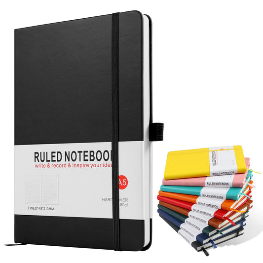 A5 Notebook, Journal Note Pad Hardback Journal Notebook A5 Notepad Composition Notebooks PU Leather Notebook for Office School Home Business Writing & Note Taking 200 Pages (100 Sheets)-Black