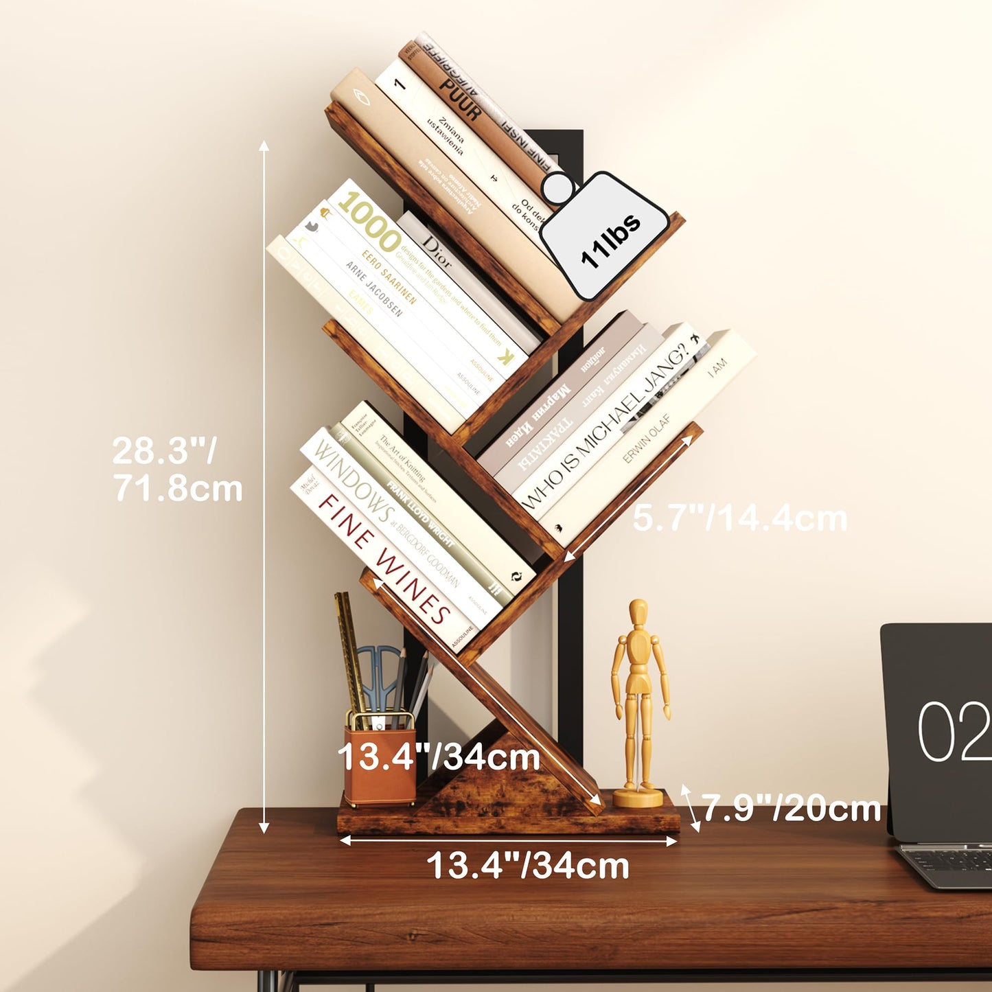 - Yusong Tree Bookshelf, 5-Tier Small Bookcase with Metal Frame, Geometric Floor Standing Books Shelves