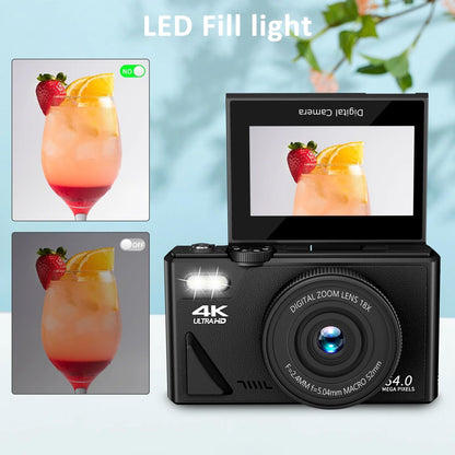 4K Compact Digital Camera for Photography: 16X Zoom Vlogging Camera for YouTube with 3'' 180° Flip Screen 32GB TF Card - 64MP Digital Point and Shoot Camera for Beginner