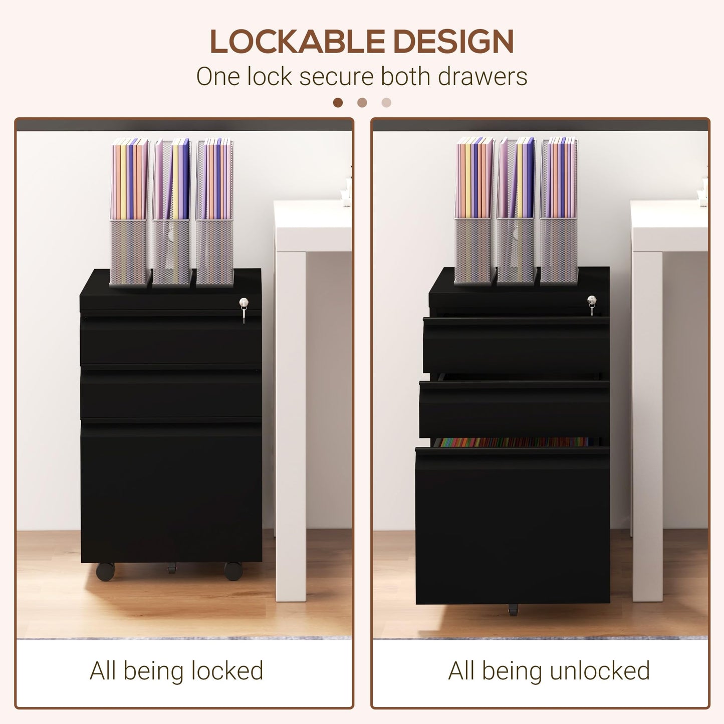 - Vinsetto 3-Drawer Mobile Filing Cabinet with Pencil Tray, Steel Lockable File Cabinet -