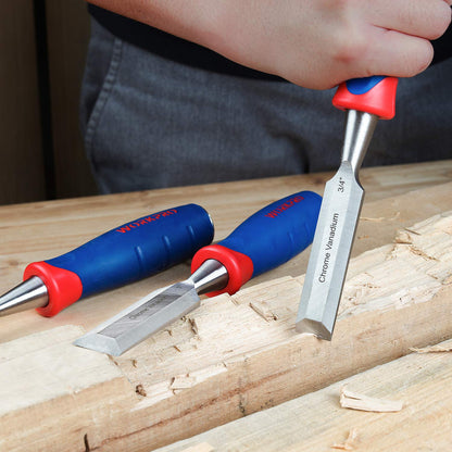 - WORKPRO Wood Chisel Set, 3 Pieces Wood Carving Chisels 12 mm, 19 mm, 25 mm, Cr-V Bevel Edge Chisels with Steel Hammer End and Non Slip Handle