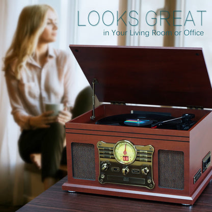 - 10-in-1 Bluetooth Record Player Multifunctional 3-Speed Turntable for Vinyl Record with Stereo Speaker,LP Vinyl to MP3 Converter with CD, Cassette Player,FM Radio,Wireless Music Streaming | Mahogany